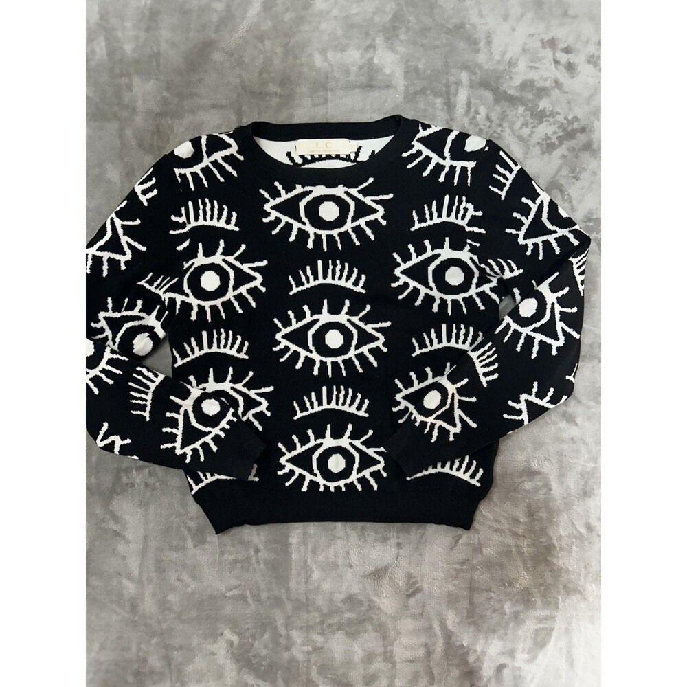 LC Lizette Collection Eye Print Sweater Womens Medium Black White Graphic - Picture 1 of 6